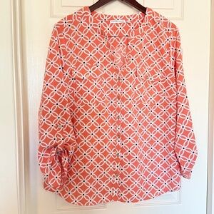 Notations Vibrant Coral and White Geometric Blouse